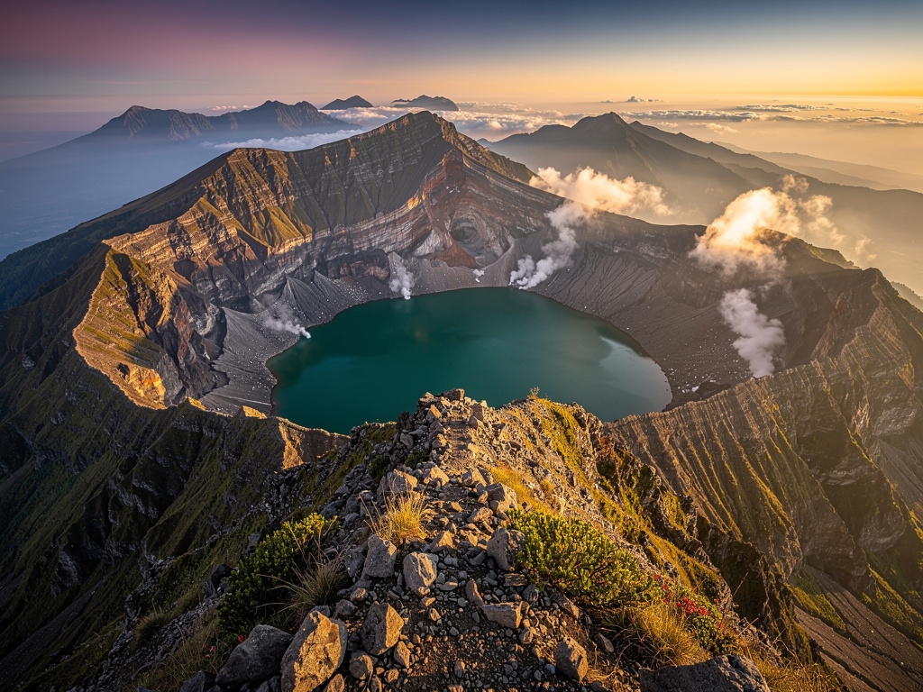 Pemandangan puncak Gunung Rinjani dengan kawah biru di bawahnya