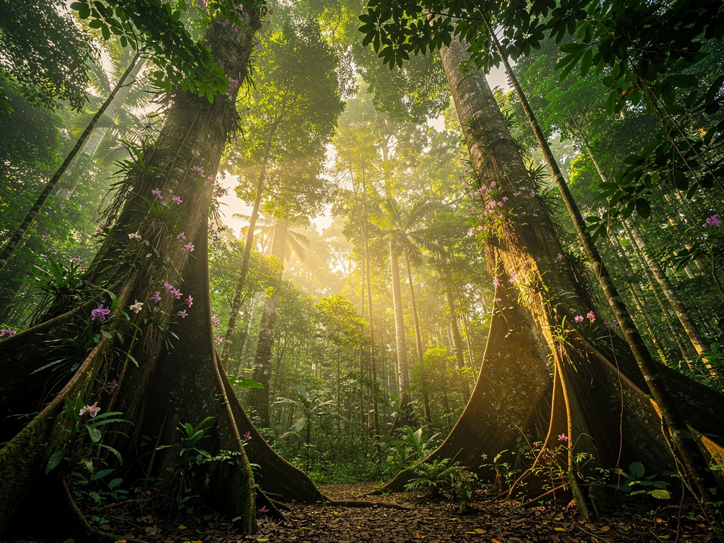 Kanopi hutan tropis Kalimantan yang lebat dengan sinar matahari menembus dedaunan