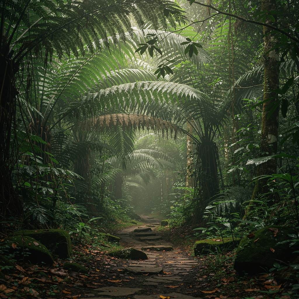 Jalan setapak sempit di dalam hutan hujan tropis Sulawesi dengan vegetasi hijau lebat di kedua sisi