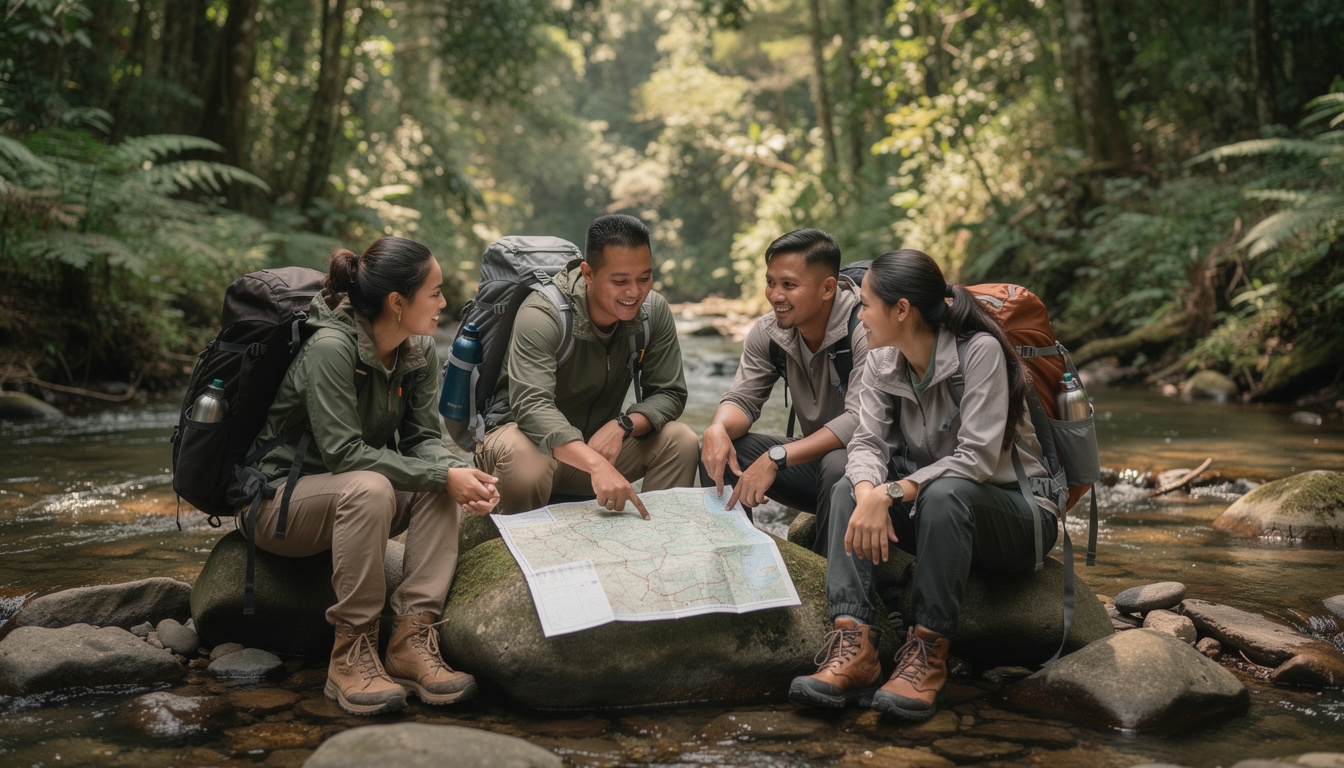 Sekelompok penjelajah alam sedang berdiskusi di tepi sungai dengan latar belakang hutan hijau