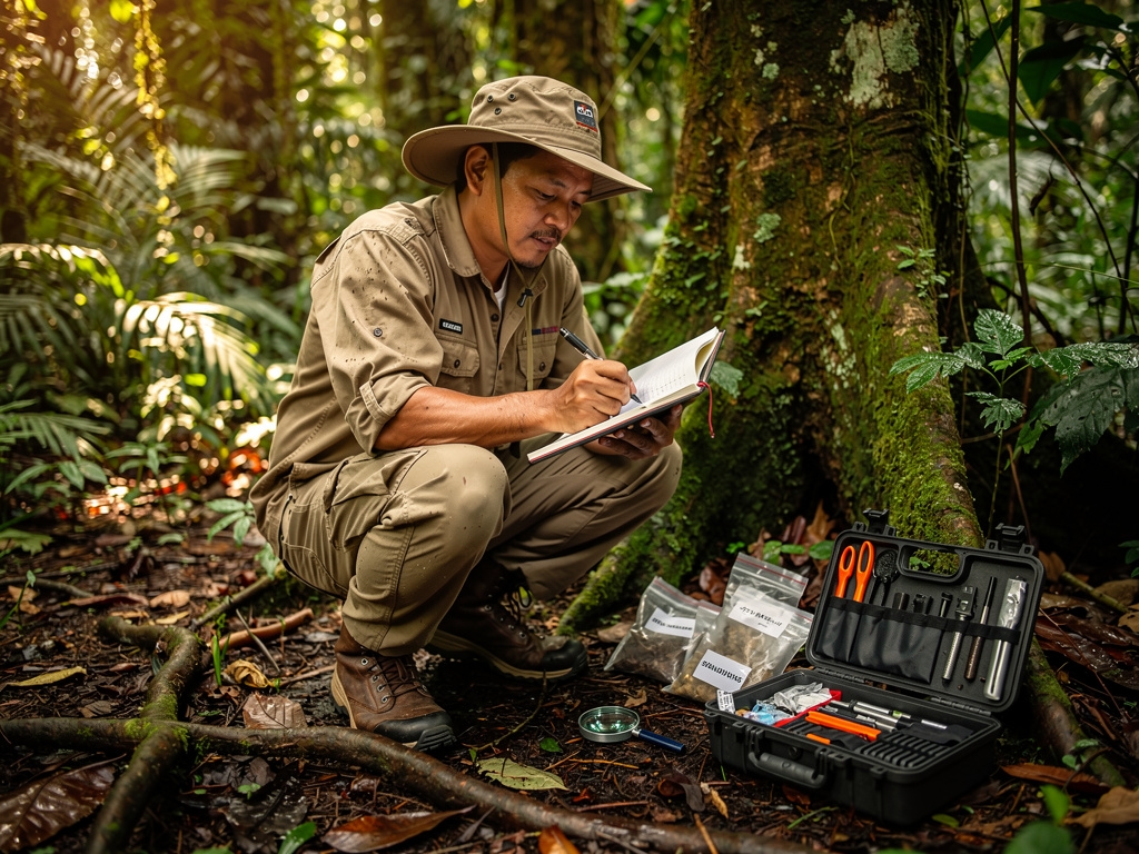 Penjelajah alam sedang mencatat observasi di buku lapangan di tengah hutan tropis yang lebat