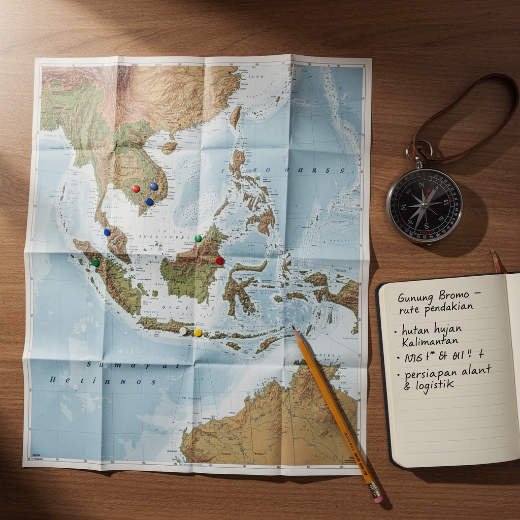 Peta topografi Indonesia dengan penanda lokasi berbagai destinasi alam yang sedang dianalisis