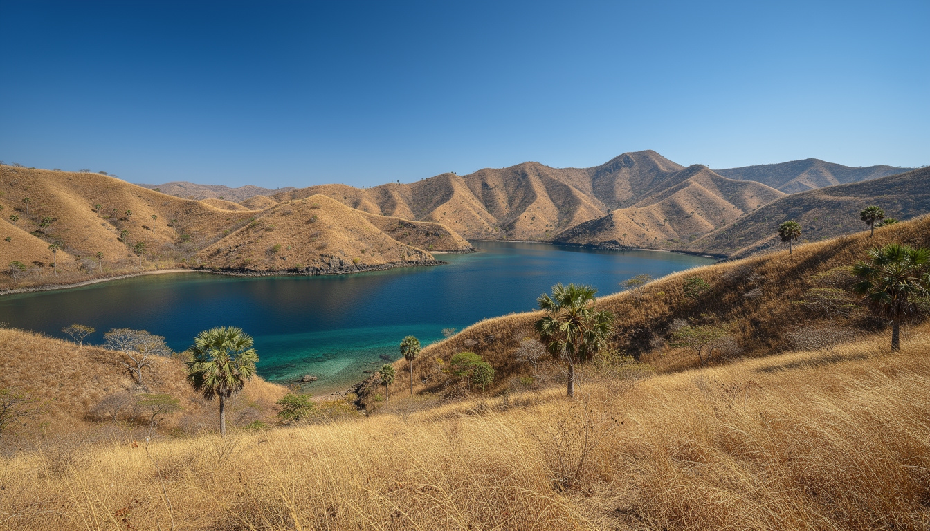 Lanskap savana kekuningan Taman Nasional Komodo dengan pohon lontar dan teluk biru di kejauhan